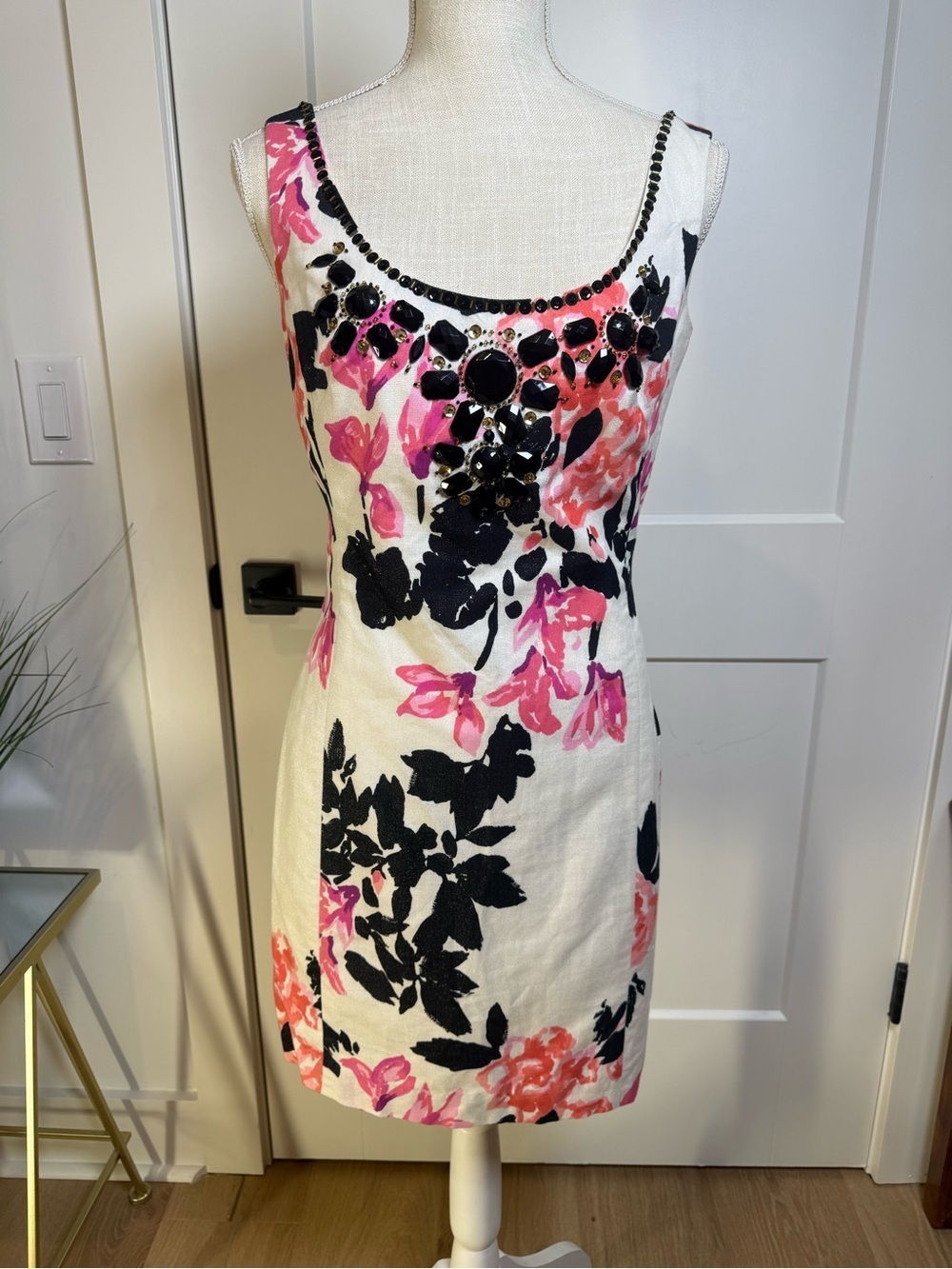 Lilly Pulitzer Embellished Linen Blend Sheath Dress Size 2 Pink Black White